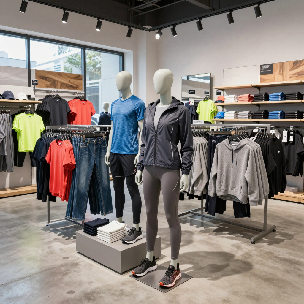 Un espacio comercial de una tienda de ropa con maniquíes vestidos con ropa deportiva.