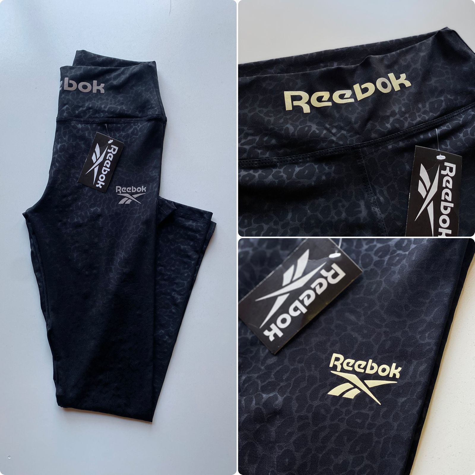 Leggings negros de Reebok con estampado animal en relieve, con el logotipo dorado en la cintura y la cadera, y con etiquetas.