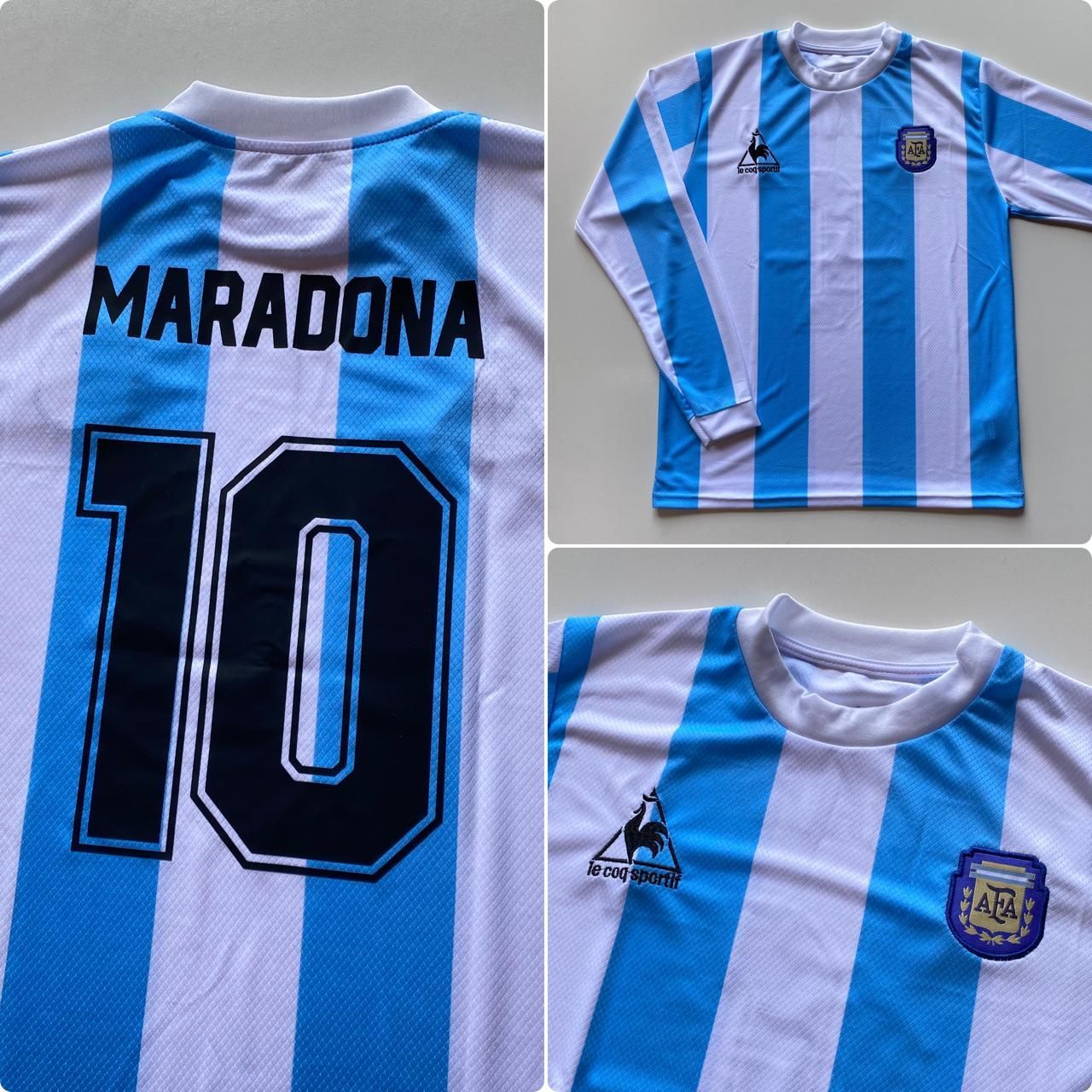 Un collage que muestra una camiseta de manga larga de Argentina, de rayas azules y blancas, con