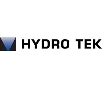A hydro tek logo with a blue triangle on a white background.