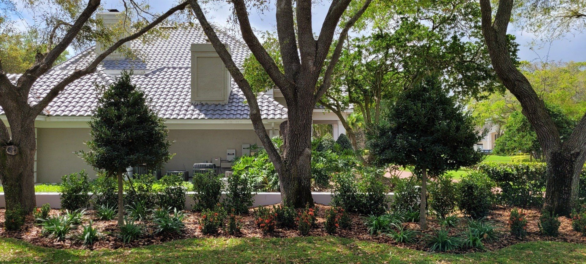 Trees frame a house with a tiled roof and chimney, with a landscaped bed of plants in front.