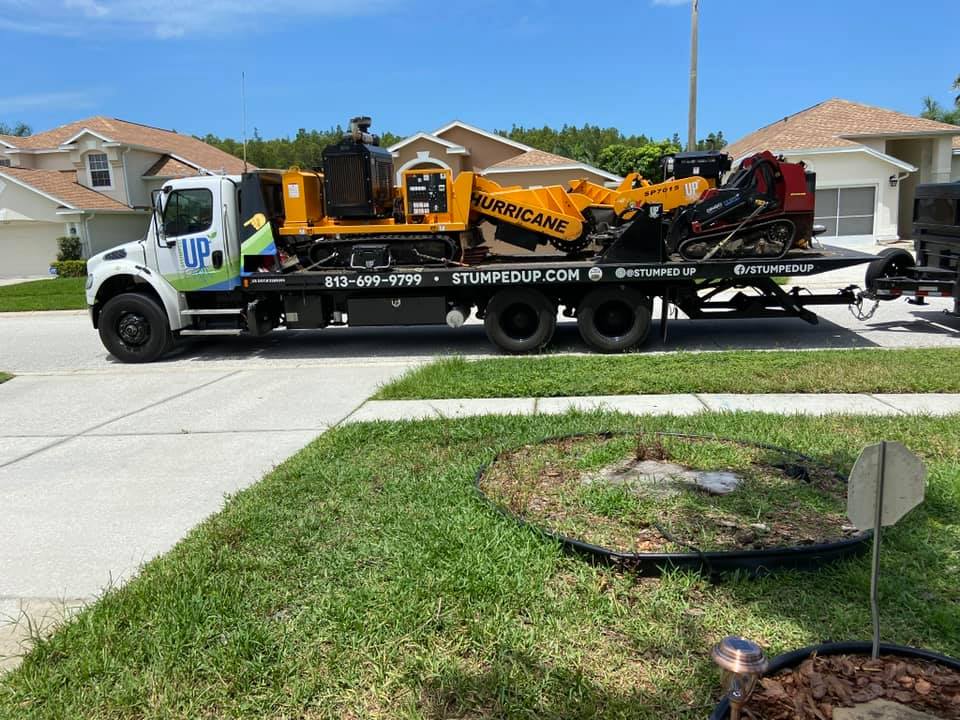 Yellow stump grinder on a flatbed truck in front of a house. Sunny day.