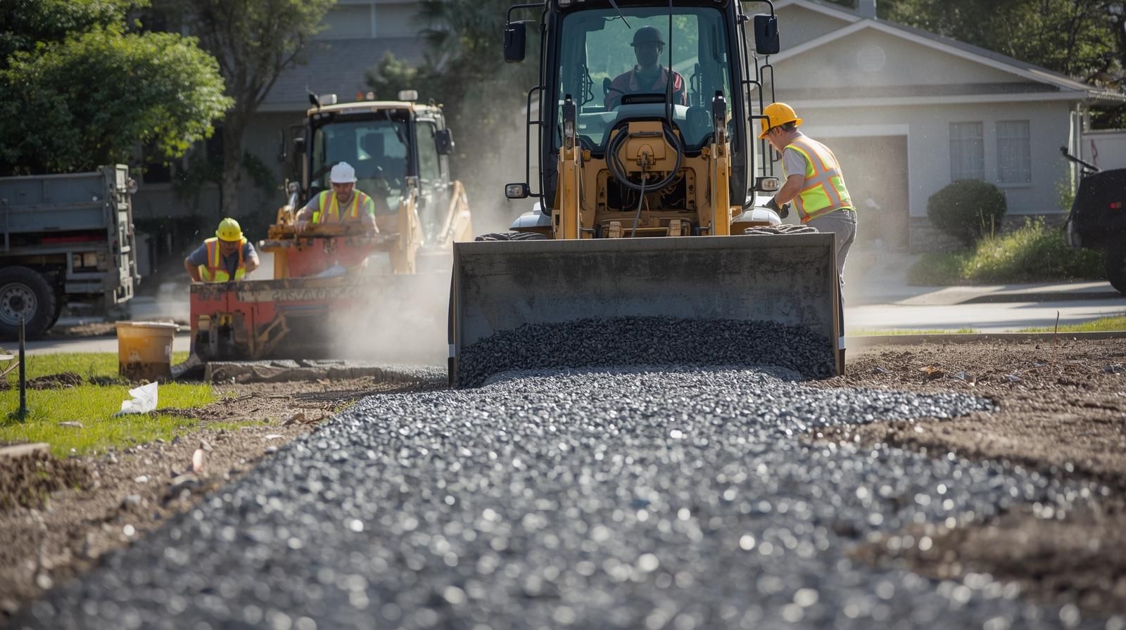 Construction workers paving a road with heavy machinery. Gravel and dust are in the air.