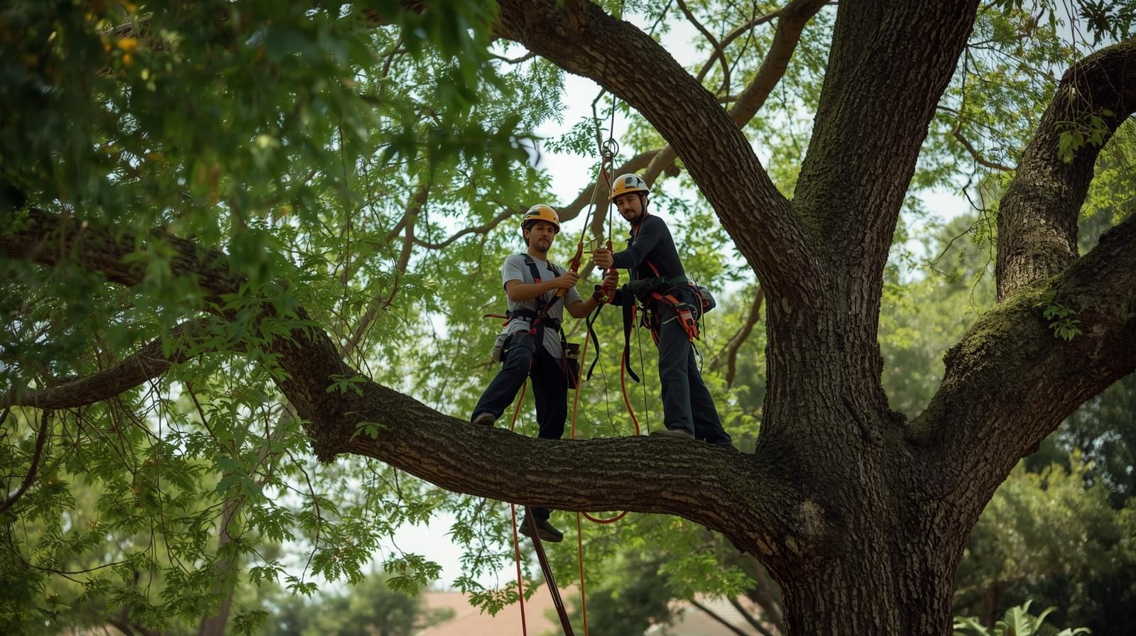 Two men in harnesses trimming a large tree, sunny day.