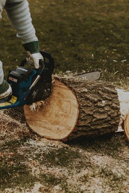 Person using a chainsaw to cut a log outdoors. Sawdust flies.