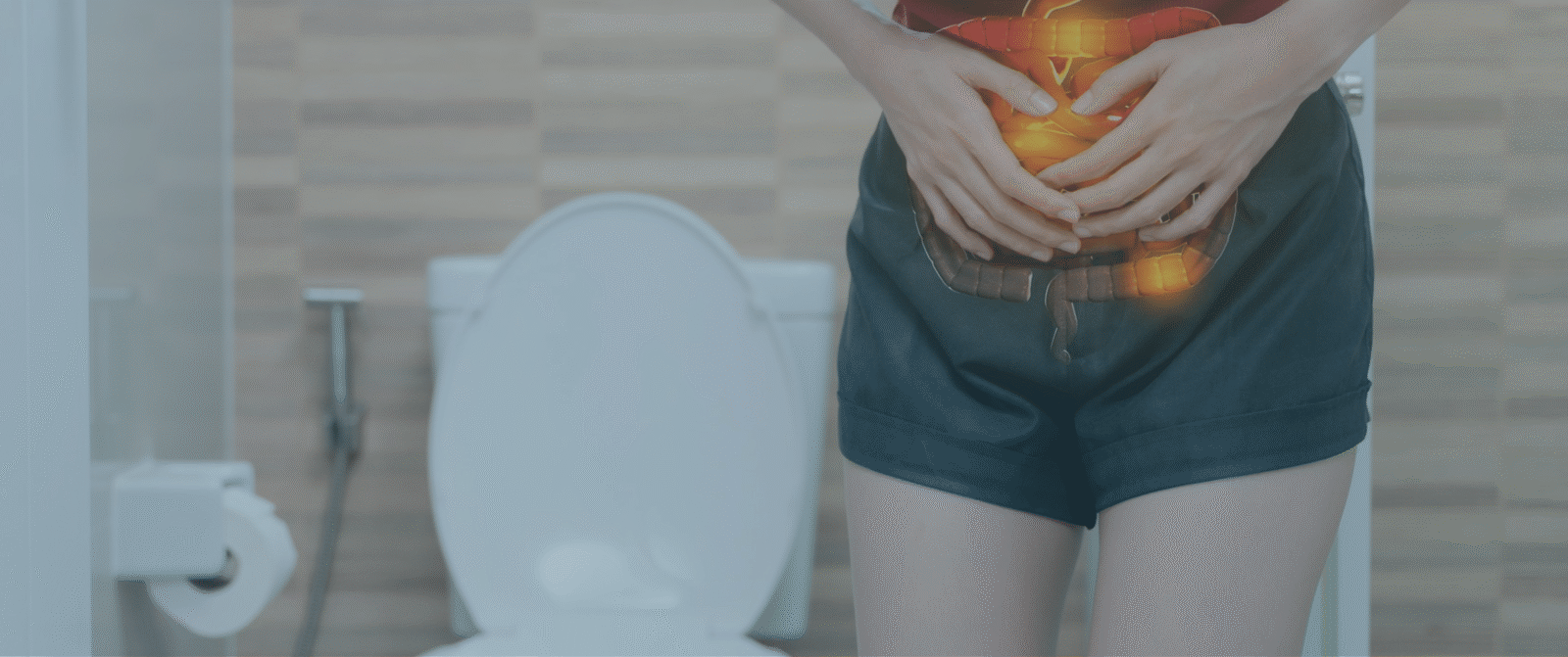 A woman is standing in front of a toilet holding her stomach.