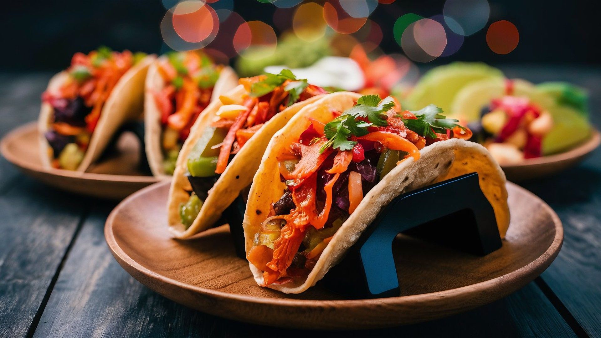 Three tacos are sitting on a wooden plate on a wooden table.