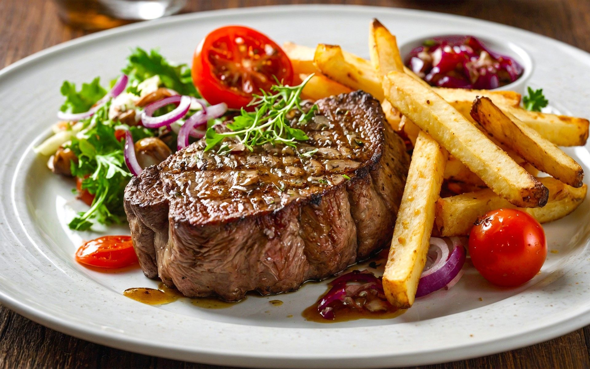A white plate topped with a steak and french fries.