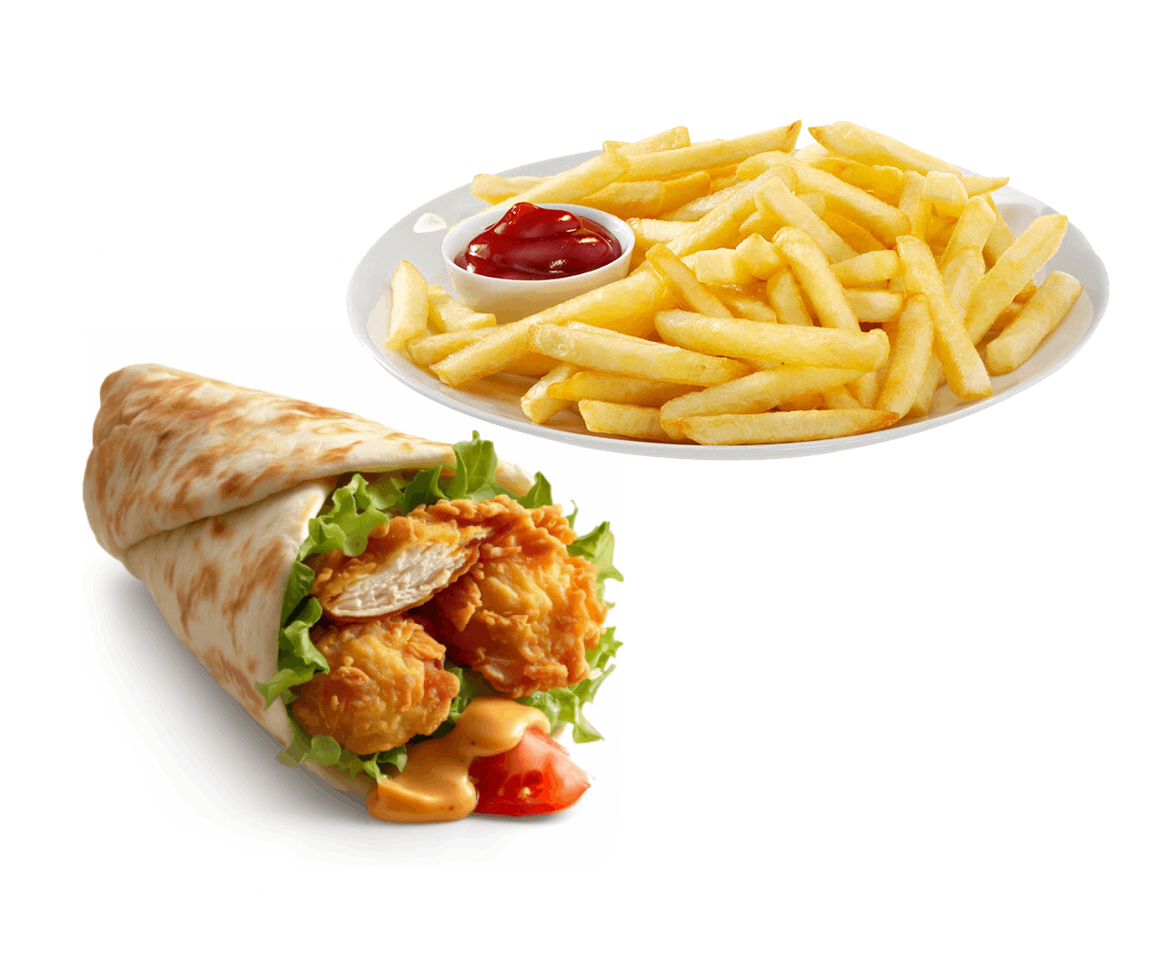 A chicken wrap and french fries on a plate on a white background.