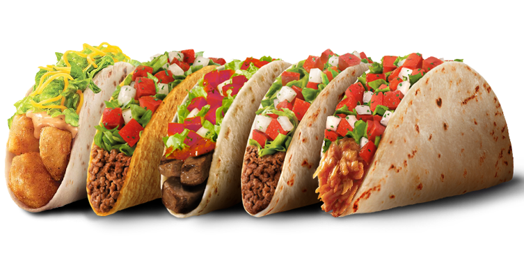 A row of tacos with different toppings on a white background