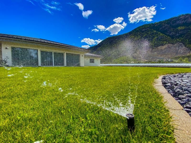 Un arroseur de pelouse pulvérise de l'eau sur une pelouse verte luxuriante devant une maison.