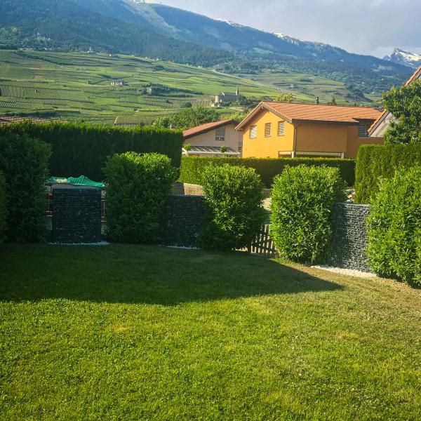 Une cour verdoyante avec une maison en arrière-plan