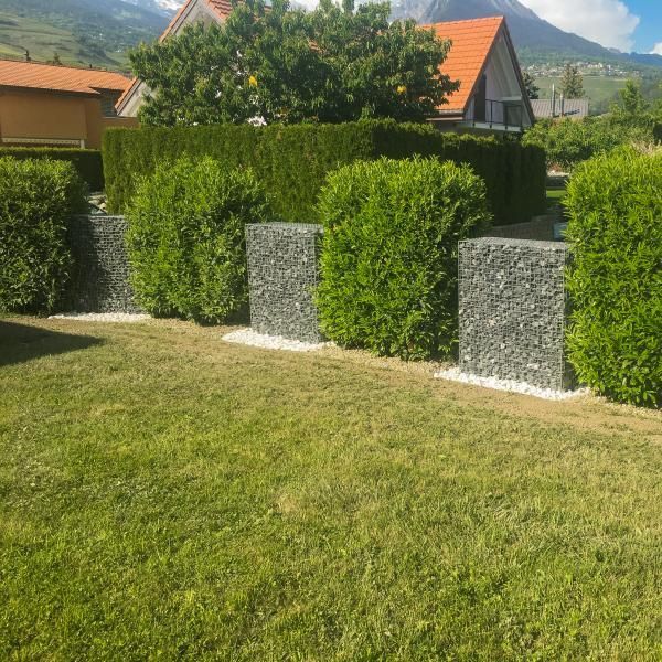 Une cour verdoyante avec une clôture en pierre et des buissons devant une maison.