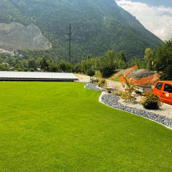 Un camion est garé dans un champ herbeux avec des montagnes en arrière-plan.