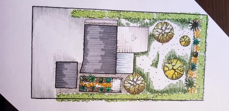 Un dessin d'une maison et d'un jardin avec des arbres