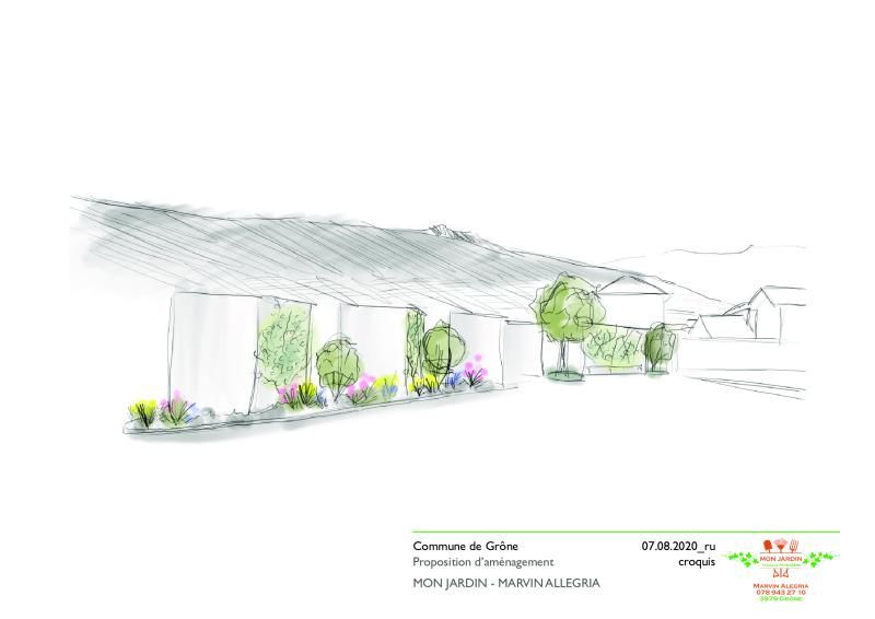 Un dessin d'une maison avec des arbres et des fleurs devant.