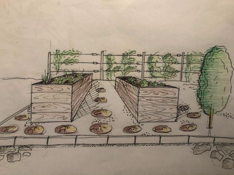 Un dessin d'un jardin avec des jardinières en bois et des arbres