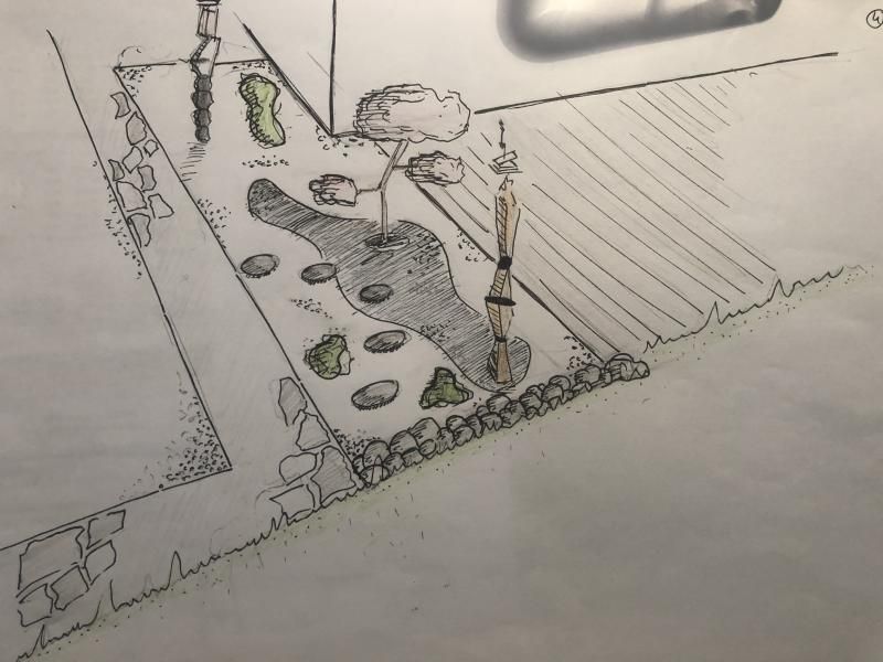 Un dessin en noir et blanc d'un jardin au pinceau