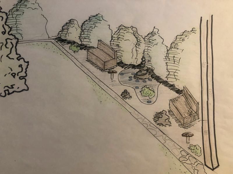 Un dessin d'un parc avec des arbres et des bancs
