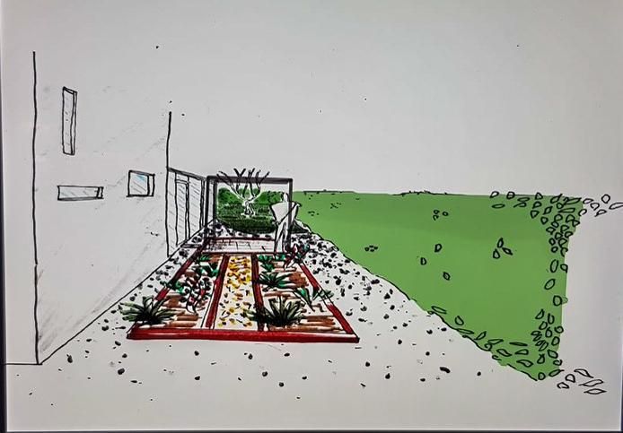 Un dessin d'un jardin avec des plantes et de l'herbe