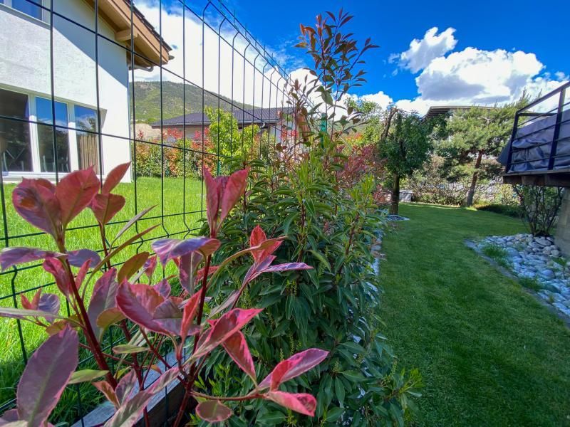 Un jardin avec une clôture et des plantes devant une maison.