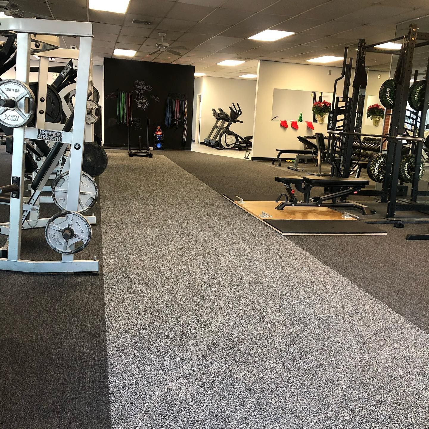 A gym with a lot of equipment and a carpeted floor