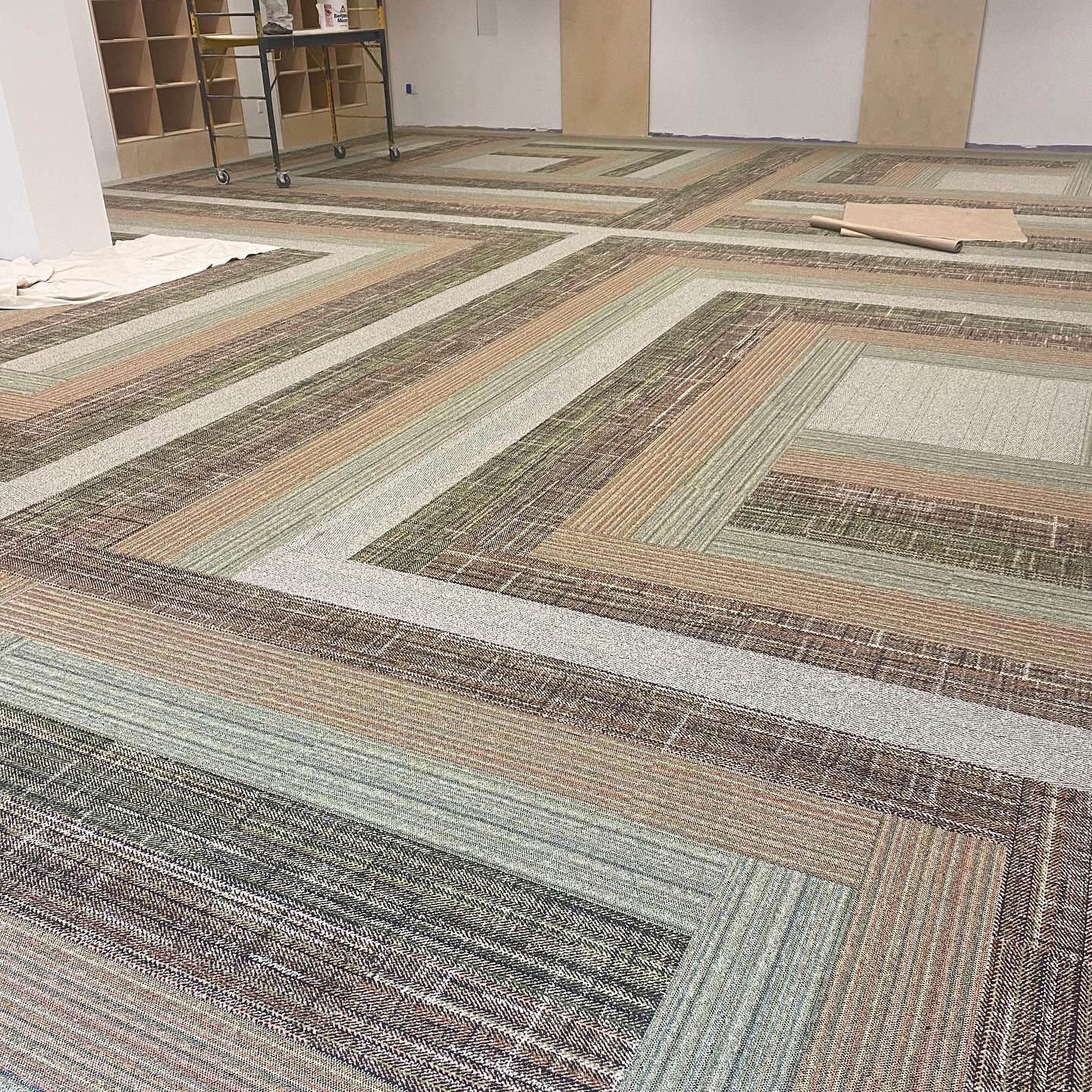 A room with a striped carpet and a scaffolding in the background.