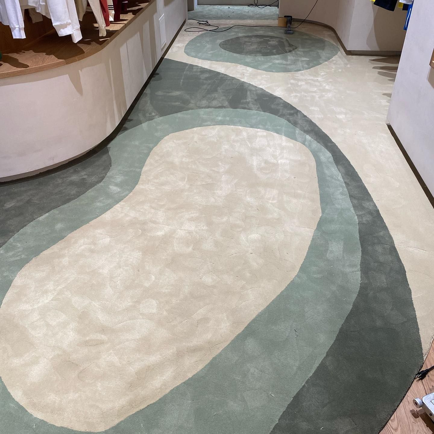 A hallway with a green and white rug on the floor
