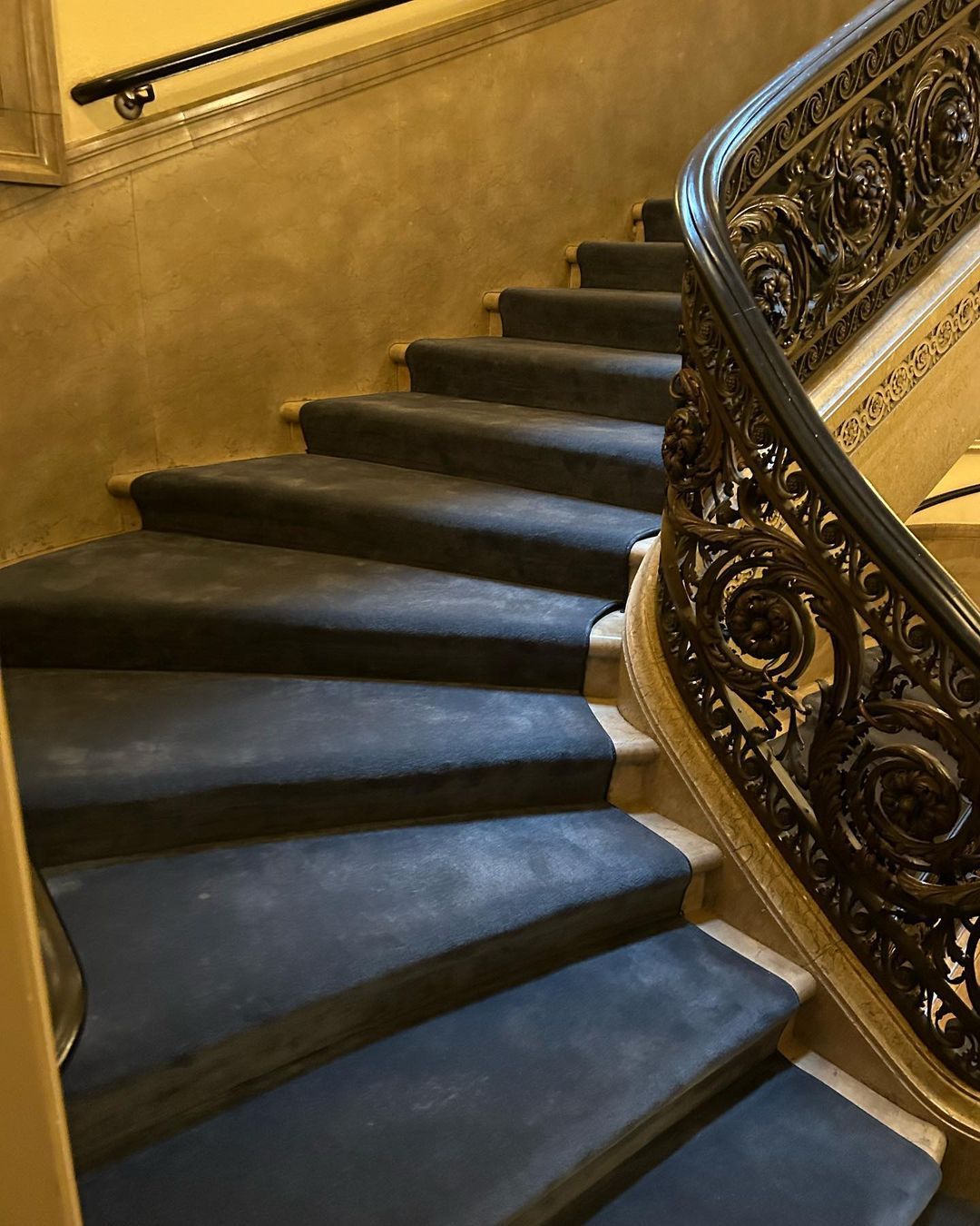 A staircase with blue carpet and a wrought iron railing