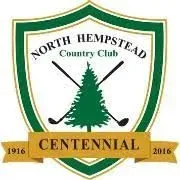 The north hempstead country club centennial logo is a shield with a pine tree and golf clubs.
