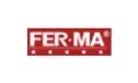A red and white logo for ferma on a white background.