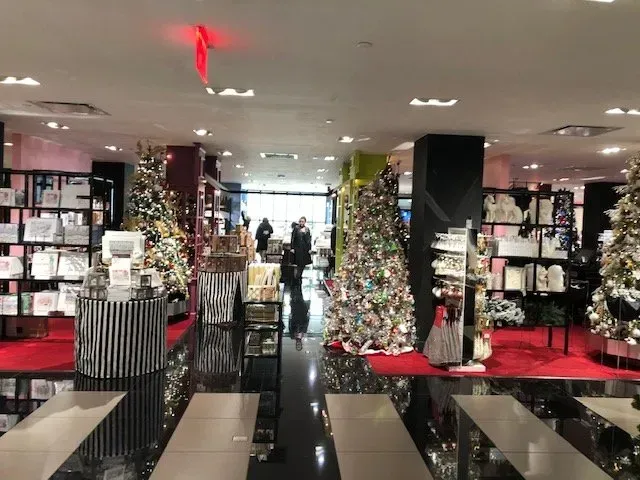 A store with christmas trees and a red exit sign