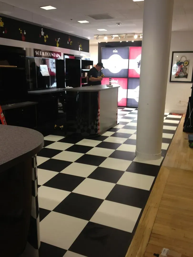 A black and white checkered floor in a store