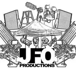 A black and white drawing of a tent , spotlights , and a microphone.