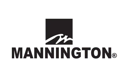 The mannington logo is black and white with a mountain in the middle.