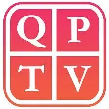 The logo for qp tv is a square with four letters in it.
