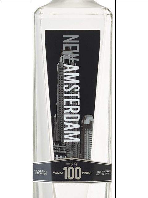 A bottle of new amsterdam vodka with a black label
