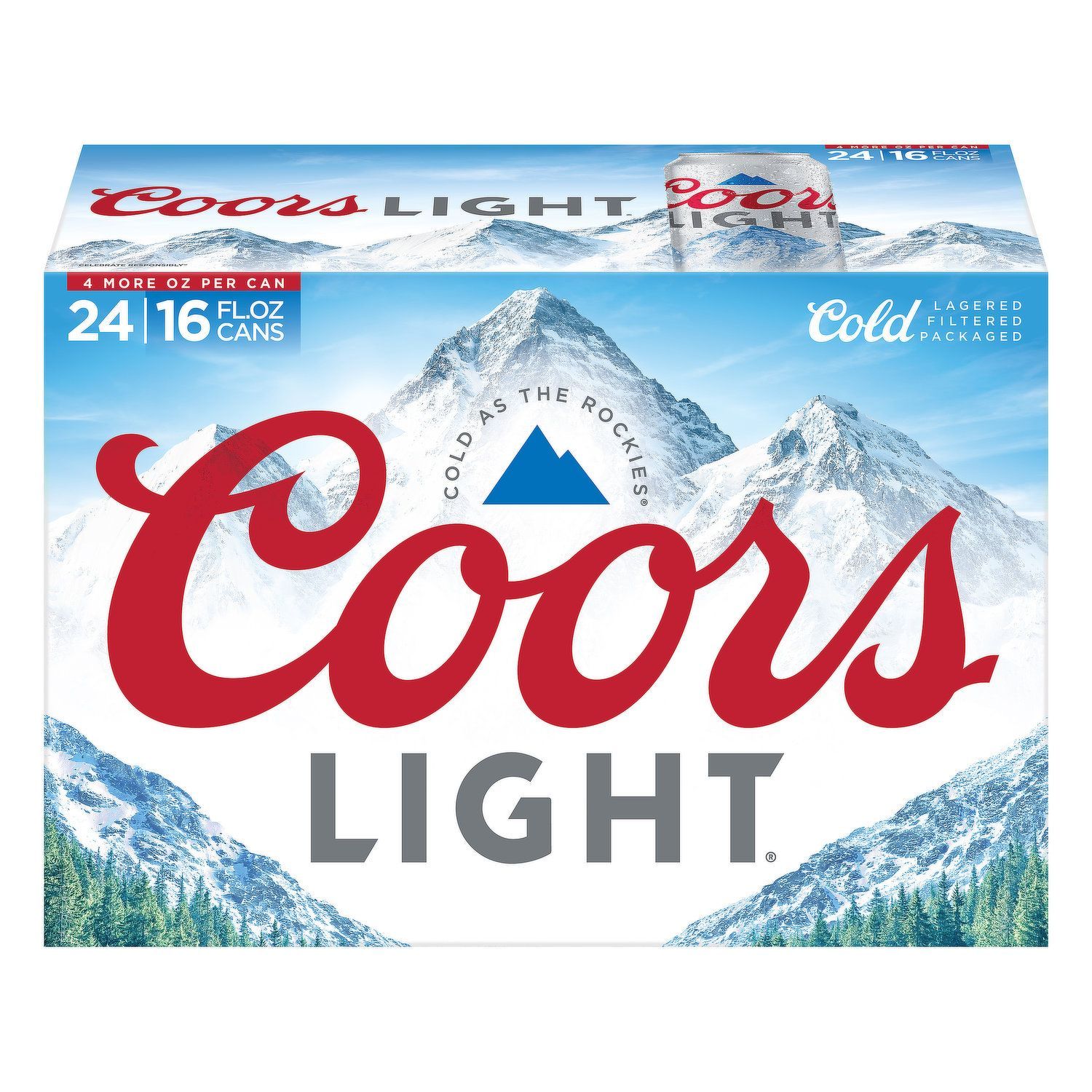 A box of coors light beer with a mountain in the background