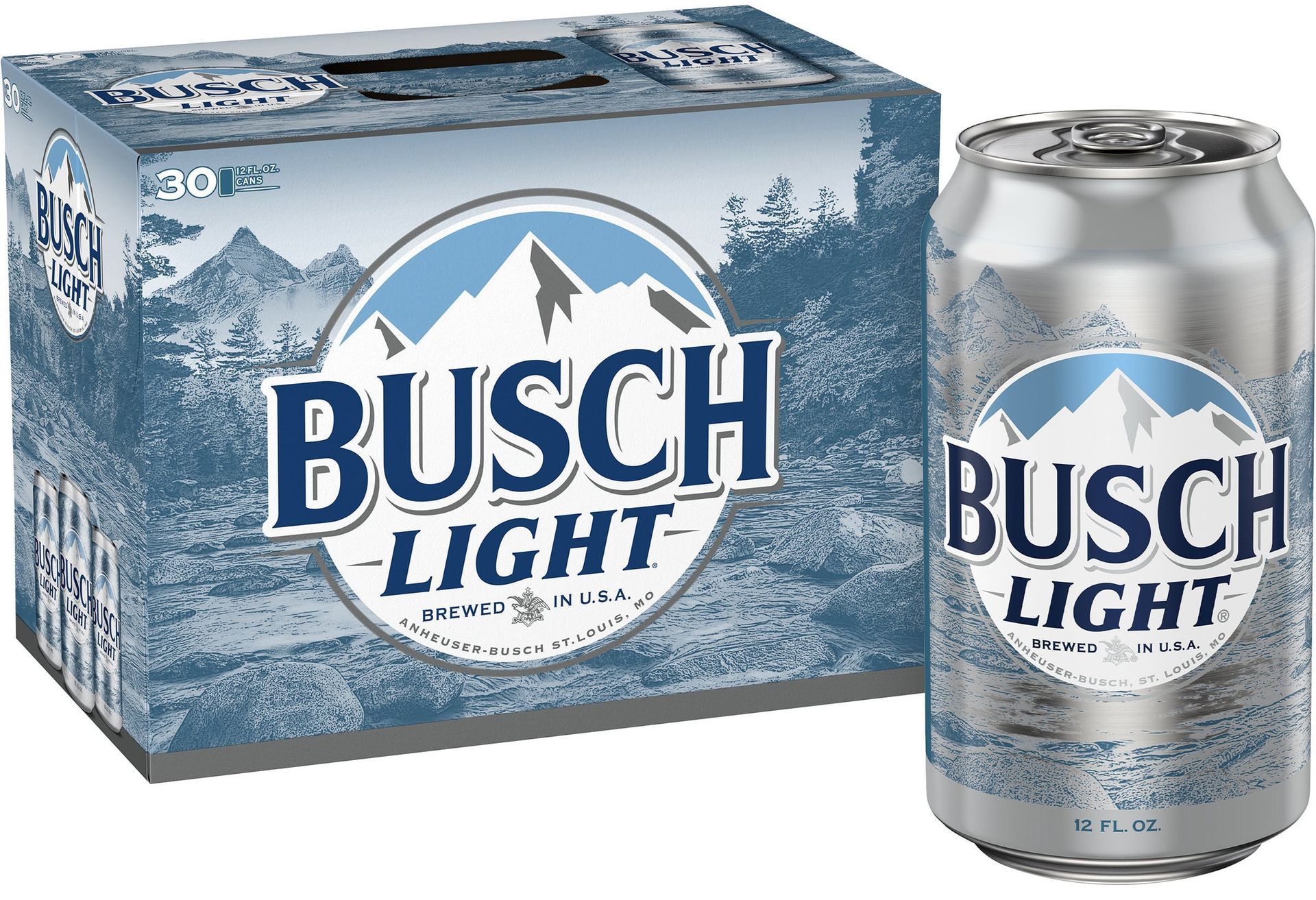 A box of busch light beer next to a can