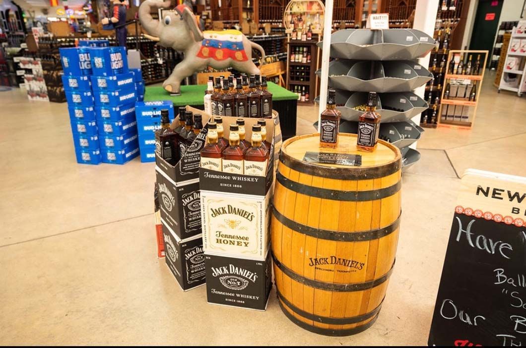 A display of jack daniels whiskey in a liquor store