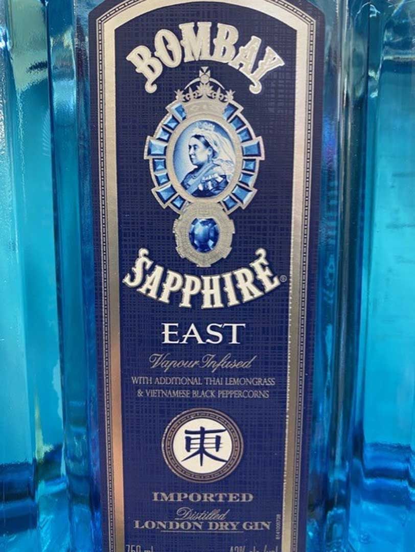 A close up of a bottle of bombay sapphire east gin
