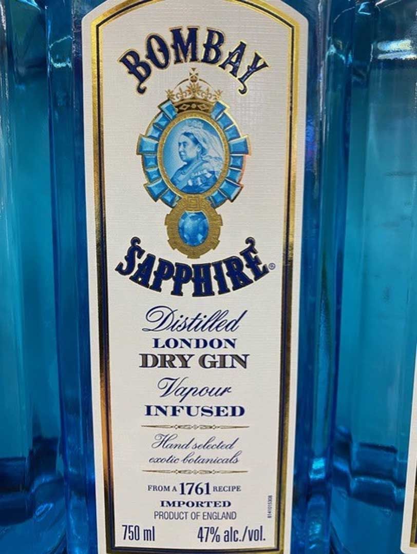 A bottle of bombay sapphire distilled london dry gin