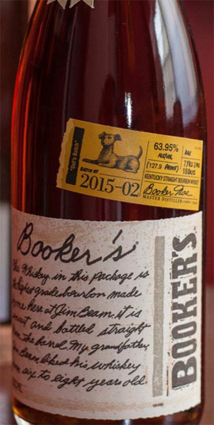 A bottle of booker 's whiskey with a dog on the label