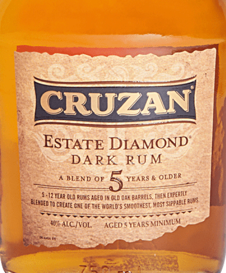 A bottle of cruzan estate diamond dark rum