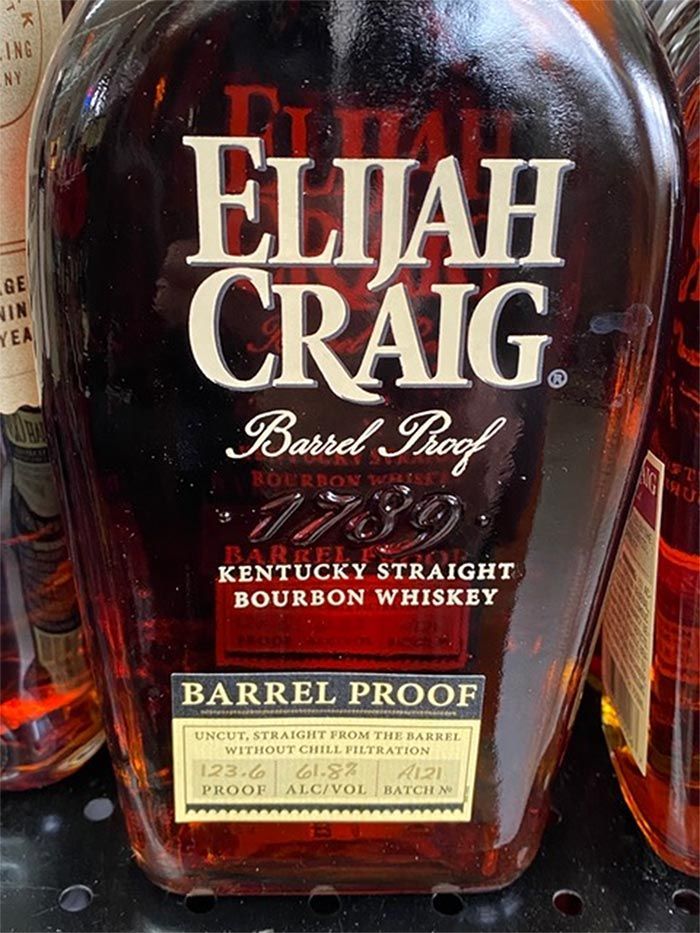 A bottle of elijah craig barrel proof kentucky straight bourbon whiskey