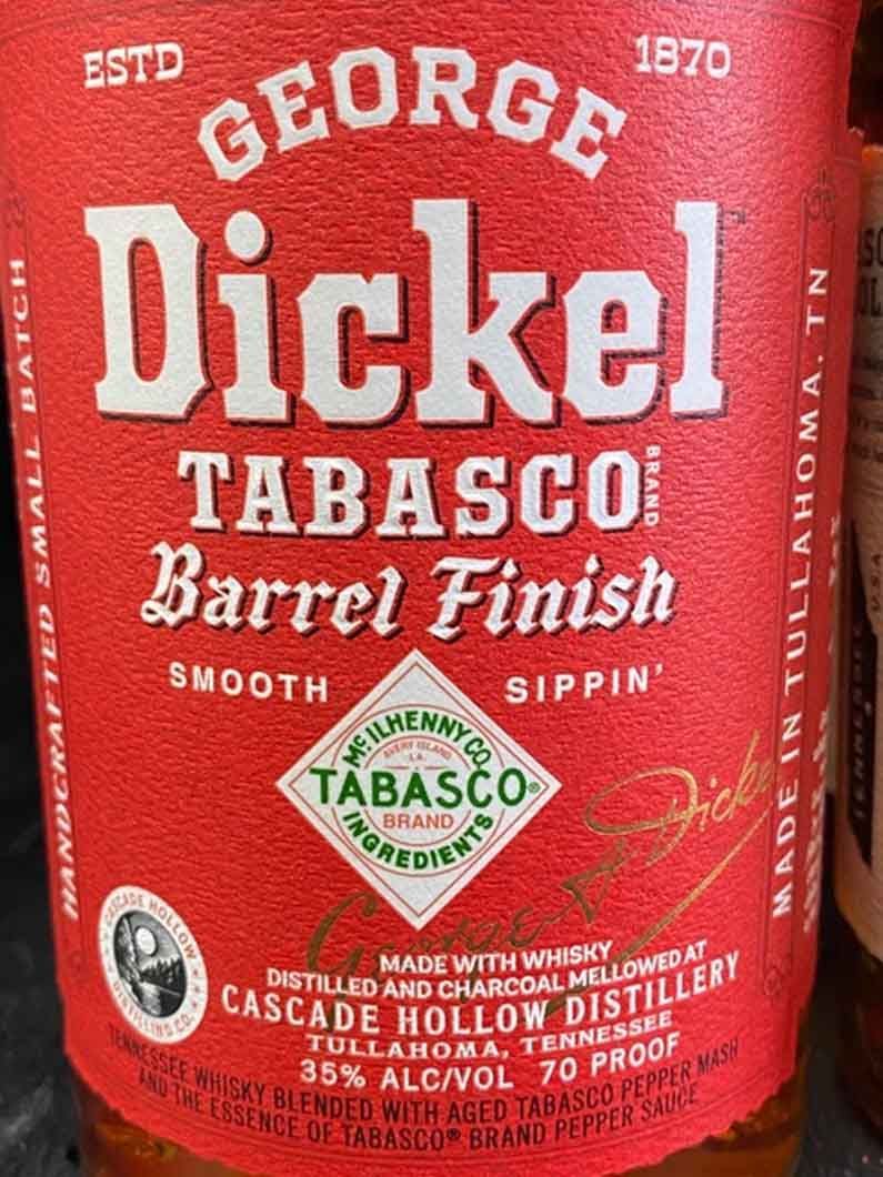 A bottle of george dickel tabasco barrel finish whiskey