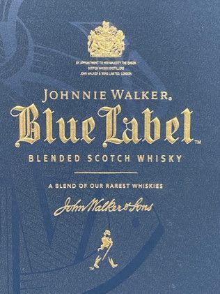 A bottle of johnnie walker blue label blended scotch whisky