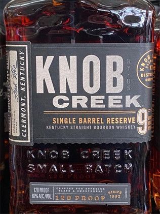 A bottle of knob creek single barrel reserve kentucky straight bourbon whiskey