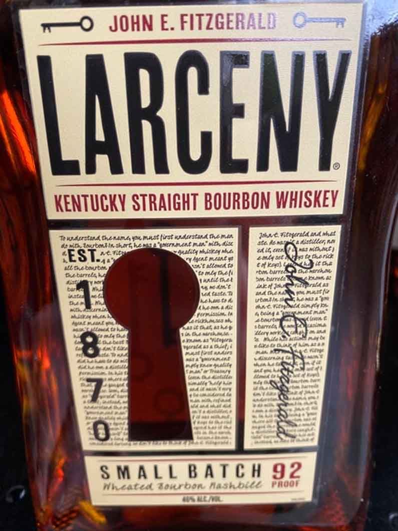 A bottle of larceny kentucky straight bourbon whiskey