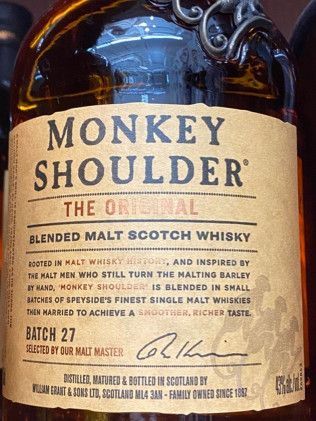 A bottle of monkey shoulder blended malt scotch whisky